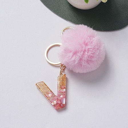 e Nøglering Pink Pompom Ball 26 bogstaver Nøglering Resin Nøgleringe