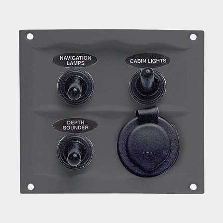 Kytkinpaneeli / sulakepaneeli BEP Marine, 12 V (20 A) / 24 V (10 A), 3 kytkintä, litteätulppasulakkeilla + tupakansytytinliitin 12 V (16 A)