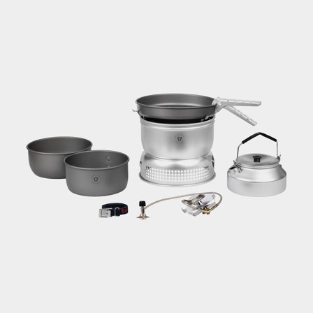 Réchaud à gaz / réchaud de camping Trangia 25 Large, 2100 W + 2 casseroles, 1 poêle en aluminium HA / anodisé dur + pare-vent en aluminium UL / 