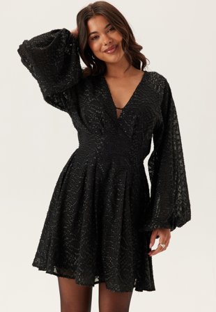 Bubbleroom Occasion - 3D Lurex Raglan Sleeve Short Dress - Black