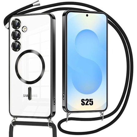 Skyddsfodral för Samsung Galaxy S25 - med skydd för objektiv och magnetisk cirkel samt snöre - svart