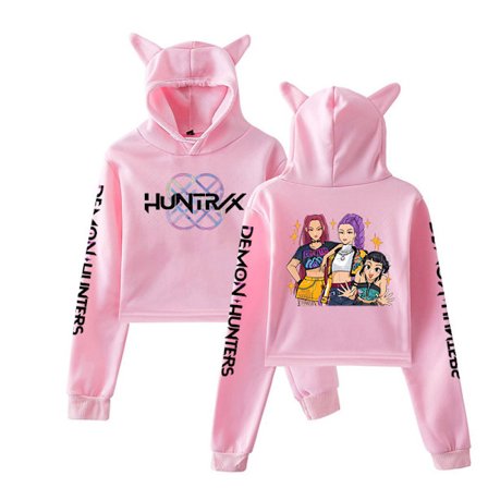 Kpop Demon Hunters Crop Tops Genser med katteører Langermet jentemotehettegenser Rosa
