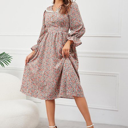 Forår Efterår Retro Fransk Blomster Blonde Revers Krave Langærmet Høj Talje A-Linje Kjole S-XL