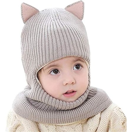Barnelue, skjerf og kappe, vintervarm lue, babystrikket pompom, småbarns balaklava, halsvarmer F