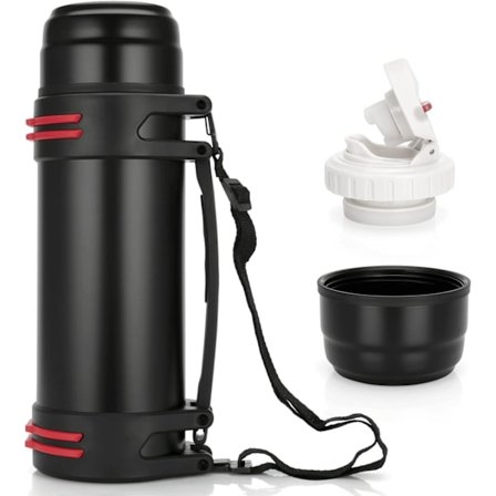 Black-Travel termoflaske, dobbeltvegget rustfritt stål, med 2 kopper, lekkasjesikker, robust termos, stor, med solid håndtak og bærestropp
