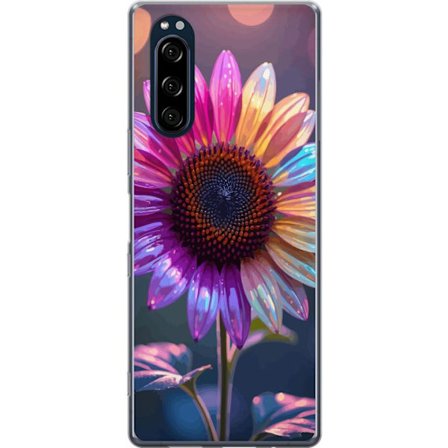 Kompatibelt Mobildeksel til Sony Xperia 5 Irideserende blomst med glitrende kronblad i rosa lilla og gull mot myk bokeh bakgrunn