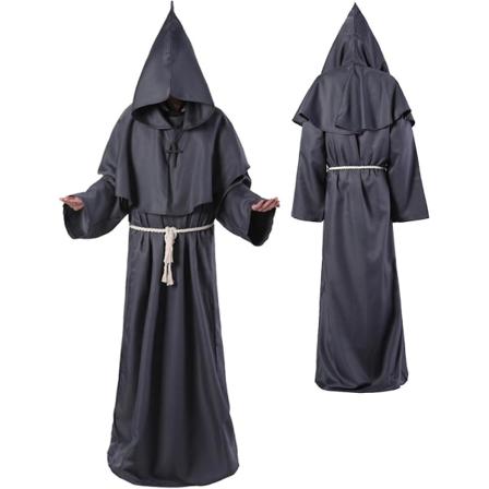 Unisex Voksen Middelalderlig Kåpe Kostyme Munk Hettekåpe Kappe Friar Prest Trollmann Halloween Tunika Kostyme 3 deler Grey XX-Large