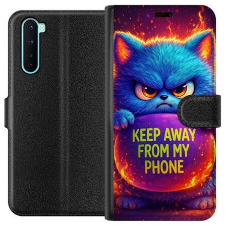 Kompatibelt Lommeboketui til OnePlus OnePlus Nord Sinna lodne blå katt med teksten "Hold deg unna telefonen min" i neonfarger og ildlignende effekter