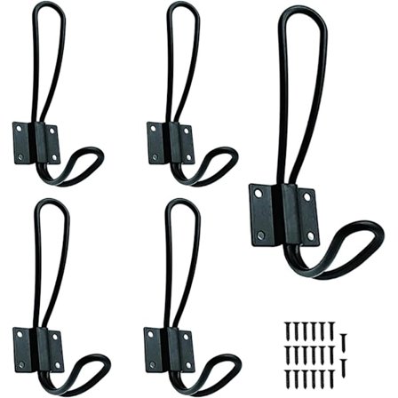 5 kappaletta rustiikkisia eteisen naulakoita - musta seinään kiinnitettävä vaateripustin metalliruuveilla, vintage-henkinen kaksoisnaulakko