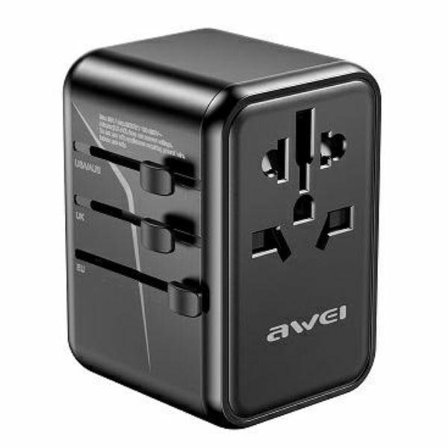 AWEI nätverksadapter 2xUSB+3xUSB-C C-40 65W 4in1 US/AU/EU/UK svart/svart Universal Travel GaN-laddare