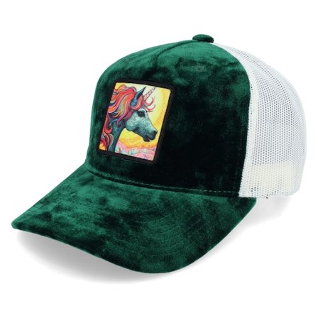 Unicorns - Unicorn Sunset Velvet Green/Ivory A-frame Trucker Trucker Green Cap - @ Hatstore
