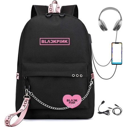 Kpop Rygsæk Lisa Rose JISOO Jennie Skuldertaske Messenger Taske Mode USB Opladning Rygsæk Rejse Forretningsrygsæk (sort 2)