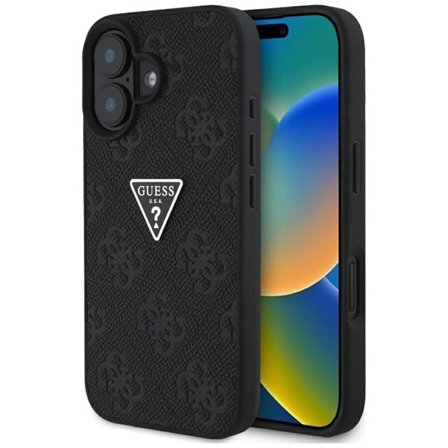 Guess Hot Stamp 4G Pattern Triangle Metal Logo etui for iPhone 16 - svart
