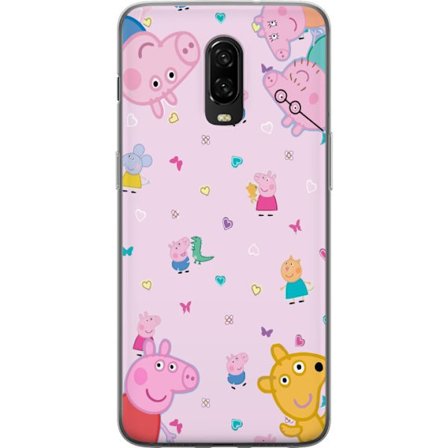 Kompatibelt Mobildeksel til OnePlus 6T Peppa Gris med en baby i armene, mamma gris motiv i fargerik og myk barneillustrasjon med hjerter