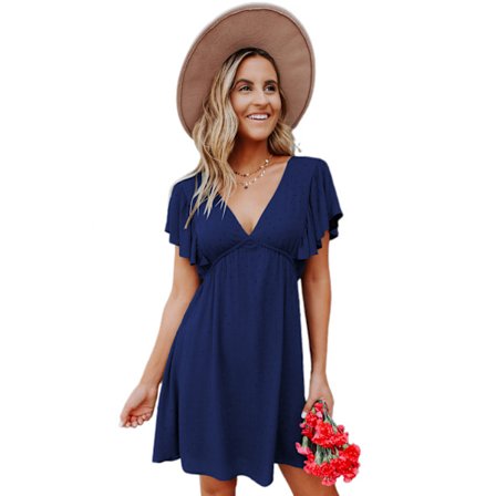 Dam V-ringad volangklänning sommar sexig böljande prickig kort fjärilsärm strandklänningar --- Marinblå (Storlek XL)