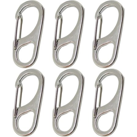 12 stk, sølv, 32*15*2,6 mm, små karabinkroker med faste øyespenner