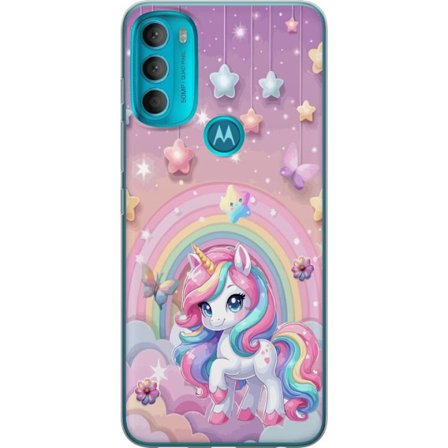 Kompatibel Mobilcover til Motorola Moto G71 5G Magisk enhjørning med regnbue manke, stjerner og sommerfugle mod en pastelfarvet himmel med skyer