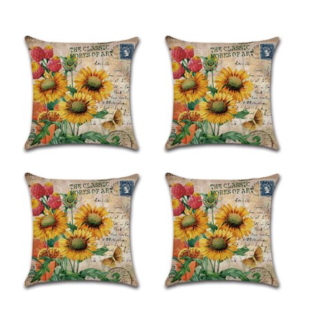 4 kpl Vintage Auringonkukka Puuvilla Liinavaatteet Sohvatyynynpäällinen Tyynynpäällinen (tyyli C)