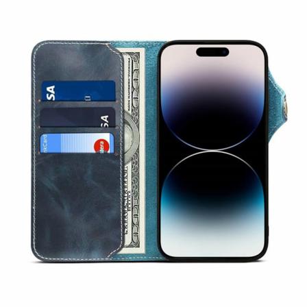 Mobilplånbok 3-kort Äkta Läder Apple Iphone 14 Pro - Blå