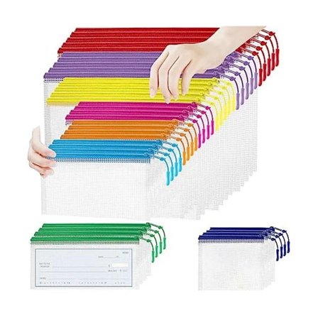 35 stk Mesh-lomme med glidelås, vanntette glidelåsposer, 8 størrelser vanntette plastdokumentlommer, 8 farger