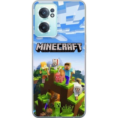 OnePlus Nord CE 2 5G Gennemsigtig cover Minecraft eventyrklippe med Steve, Alex, dyr og mobs i klassisk blokstil, hvor hele verden samler sig i et lev