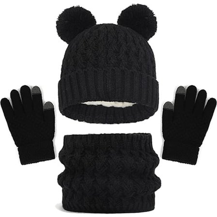 Vinterset för barn - Stickad mössa med tofsar, halsduk, pekskärmshandskar - Fleecefoder - Mjukt & Varmt - Kompatibelt med 2-8 år - Svart