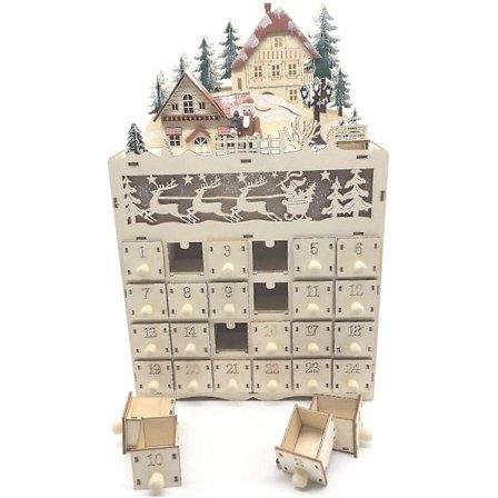 Julekalender i træ Nedtælling til jul LED-dekoration 24 skuffer med LED-lys
