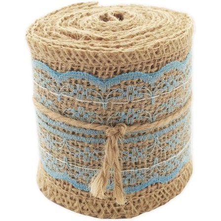 Naturlig sekkestrimmel med blonder (blå), hamprull blonder hamprull blonder blonder, 6 cm bred, 2 meter lang.