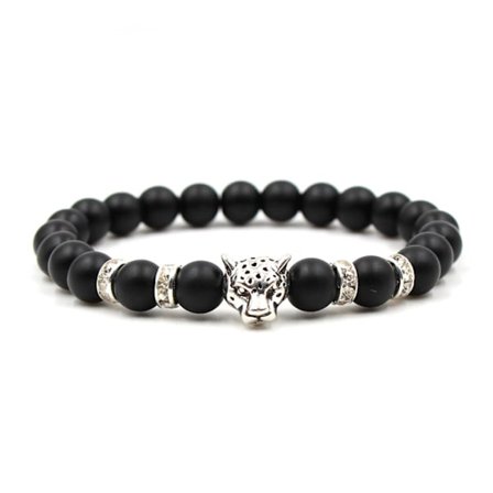 Håndlaget armbånd svart stein og sølv leopard