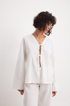 NA-KD Blouse en lin mélangé à détail noué - Blouses - Blanc - EU 38