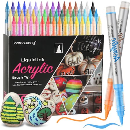 48 Farger Akryl Paint Markers Penselspiss, Premium Akryl Paint Penner for Maling, Stoff, Hurtigtørkende Akryl Paint Markers Sett for