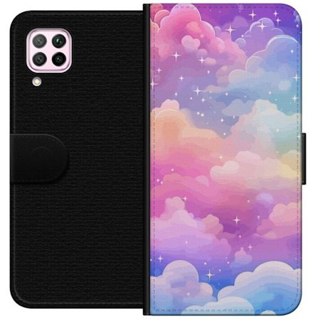 Kompatibelt Lommeboketui til Huawei P40 lite Søt enhjørning med regnbuefarget hår mot en stjernebelagt pastellbakgrunn i kawaii-stil