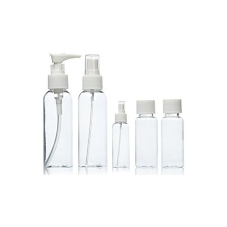 Läpinäkyvä matkapakkaus, jossa on 5 matkapulloa