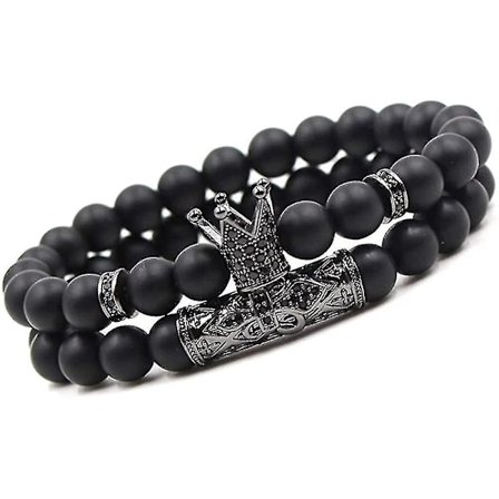 Svarte Matte Perler Armbånd 8mm Onyx Stein Armbåndsett Sjarmerende Kongekrone