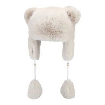 Pels hue til studerende voksne, vindtæt vinterhue, tyk plys, bjørneøreformet hue, hold varmen, ski, cykelhue, beige (beige)