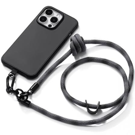 Crossbody cover til iPhone 15 Pro Sort Blød beskyttelse med robust grå skulderrem