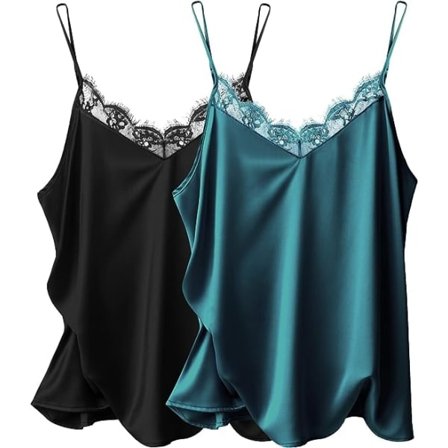IC Ekouaer Dam 2-pack Satin Silk Camisole Spets Topp Spaghetti Strap Linne Basic Cami Top XL