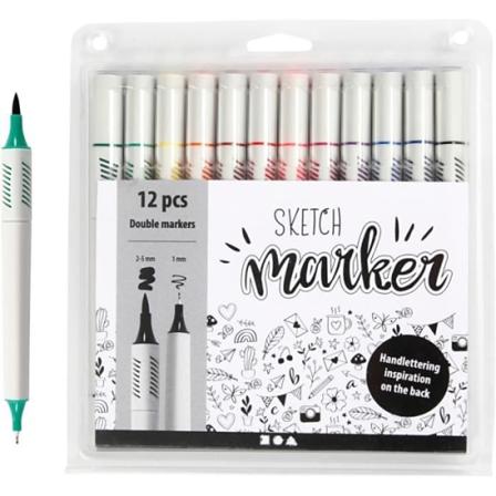 Filtpenna med dubbelspets - 1 mm och 2/5 mm - 12 färger