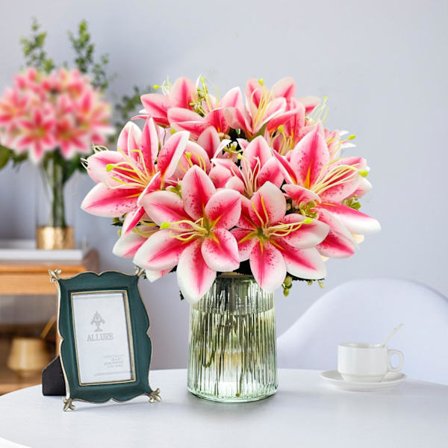 4 Buketter Silke Tigerlilje Kunstige Blomster til Bryllup og Hjemmedekor, Roserosa