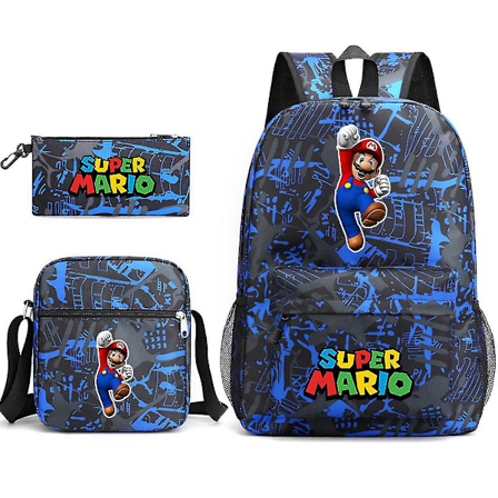 3pcs/set Anime Super Mario Satchel Blue Galaxy Backpack School Messenger Bag Pencil Bag