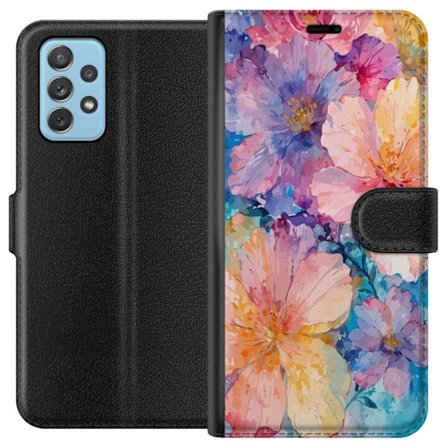 Kompatibelt Plånboksfodral till Samsung Samsung Galaxy A72 5G Akvarellmålning med stora blommor i rosa, blå och gula toner i en mjuk konstnärlig s