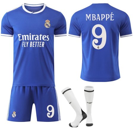 2025-2026 Real Madrid Udebanetrøje Blå Børn & Voksen Fodboldtrøje med Strømper No.9 Mbappé No.9 Mbappé 24