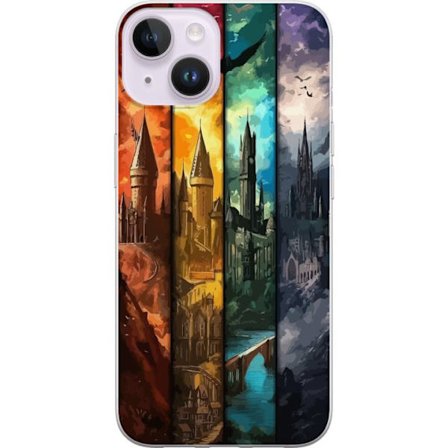 Kompatibelt Mobildeksel til Apple Apple iPhone 15 Plus Fire magiske slott i forskjellige elementfarger, episk fantasikunst med ild vann luft og mørke
