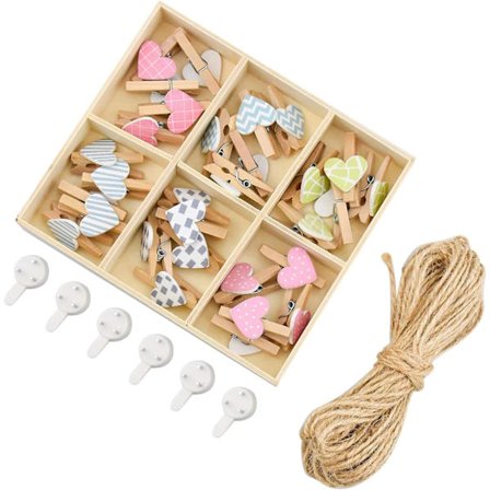 Hängande fotoklämmor i trä, miniklämmor i form av hjärtan