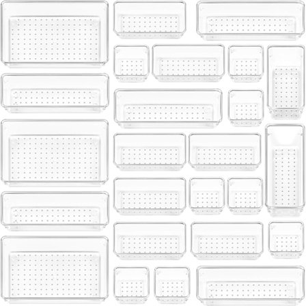 25 stk Klare Plast Skuffeorganisatorer Sett, 4 Størrelser Allsidige Bad og Toalett Skuffeorganisatorbrett, Oppbevaringsbokser for Sminke