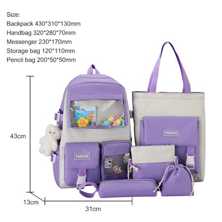 5 stk./sett Canvas Kawaii Dame Ryggsekk Koreansk Søt Tenåringsjente Stor Kapasitet Skolesekk Clutch Reisevesker Skulderveske~00964