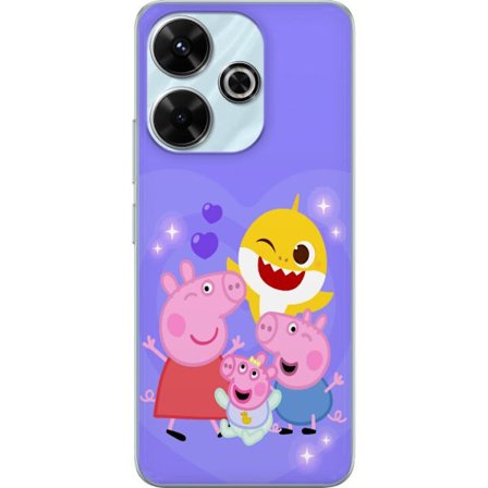 Kompatibelt Mobildeksel til Xiaomi Redmi 13 Peppa Gris mønster med hjerter, sommerfugler og venner, lys rosa bakgrunn i myke barneillustrasjoner