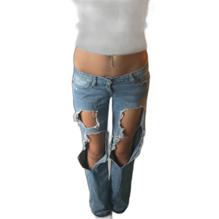 Ljusblå bootcut jeans med stora hål