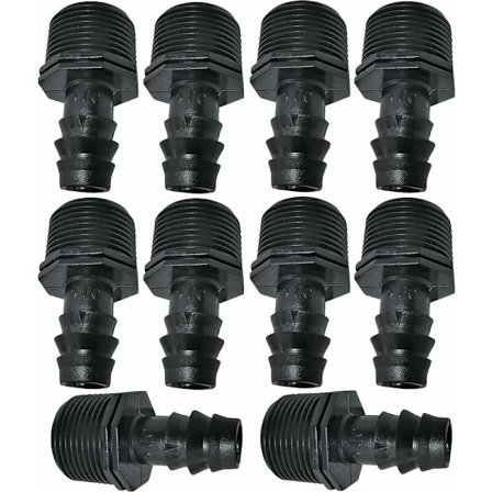 Lot med 10 piggehan-adaptere/fittings 16mmx3/4'' Drypvandslange Ekstern gevind (til 16mm slange) - stik til vandingssystem