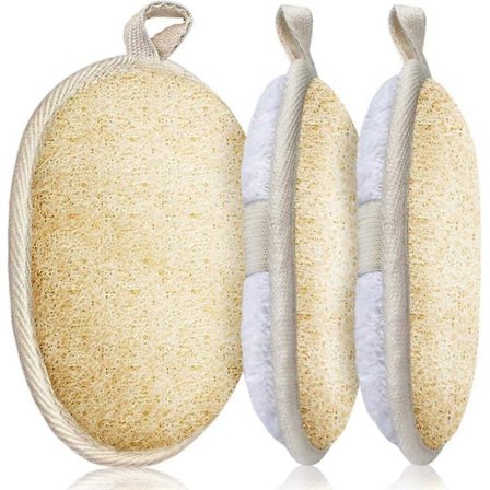 3-pack Exfolierande Loofah Svamppads, Stora 5x7 - 100% Naturlig Luffa och Frotté Material, Premium Loofa Svampskrubber Kroppshandske Nära Huden för